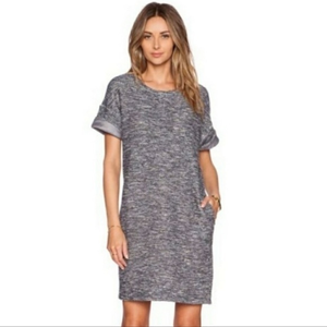 VINCE Blue Tweed Terry Boucle Knit‎ Shift Sweater Dress Roll Sleeve Size Small